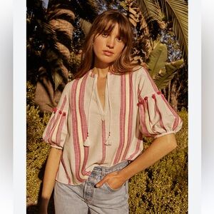 SAYLOR ray Top puff sleeve oversized boxy stripe tassel boho S